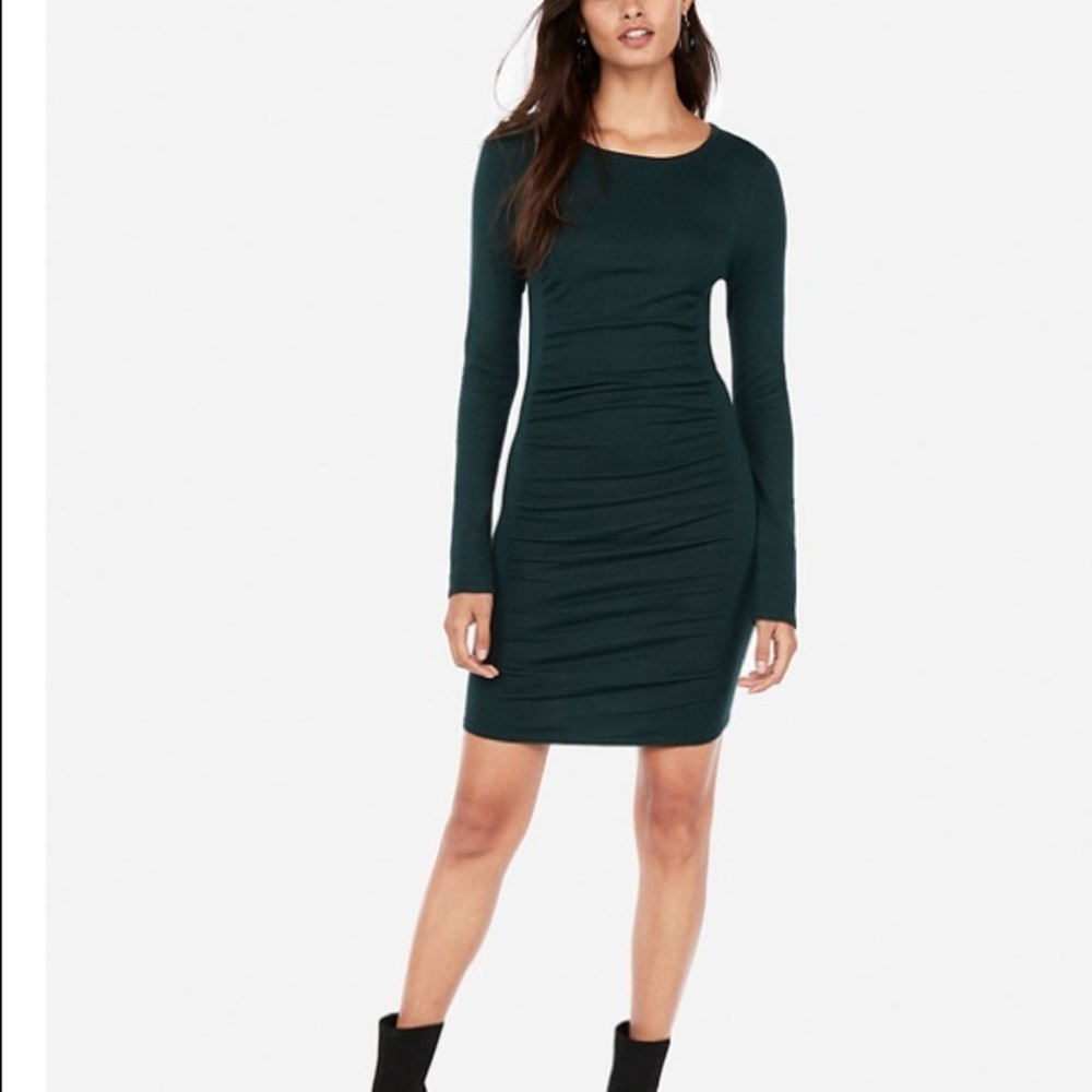 Forest green long sleeve ruched sweater dress